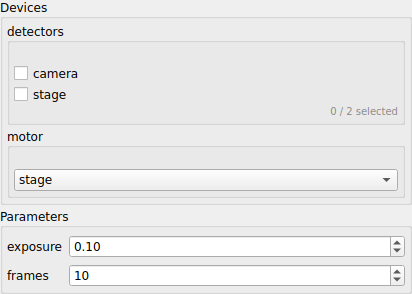 A Devices group with a box per readable device and a combo box for the motor, then a Parameters group with exposure and frames