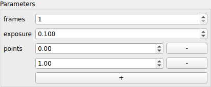 A spin box for frames, a spin box for exposure with three decimals, and two rows of points