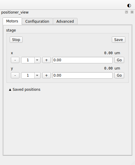 The positioner view of the example session: a group for the stage, with a
row for each of its axes x and y