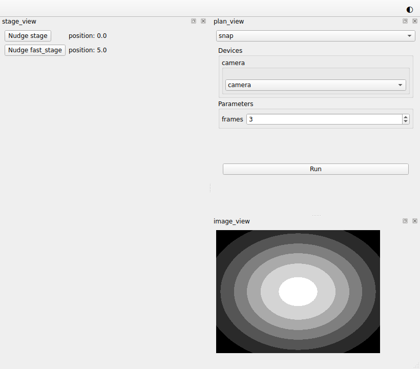 The window of the session: the rows of the stages on the left, and on the
right the plan widget of snap, chosen in the list of plans, above an image of
concentric rings