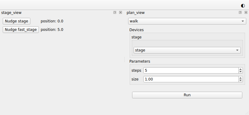 The window of the session: the rows of the two stages on the left, and on
the right a list of plans that shows walk, above the plan widget of walk: a
list of stages, an input for steps, an input for size and a Run
button