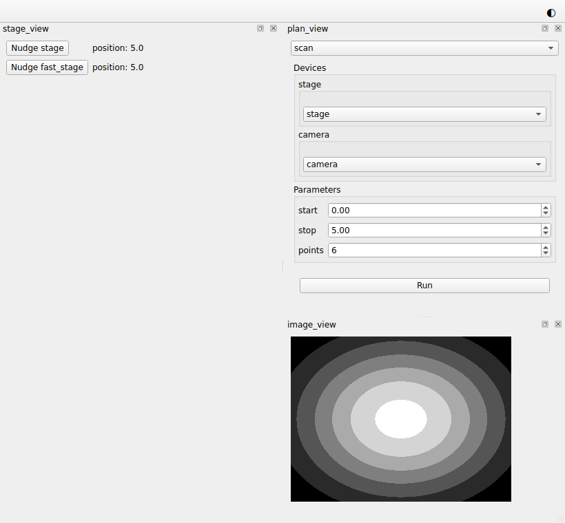 The window of the session: the rows of the stages on the left, and on the
right the plan widget of scan, with a list of stages, a list of cameras and
three inputs, above an image of concentric
rings